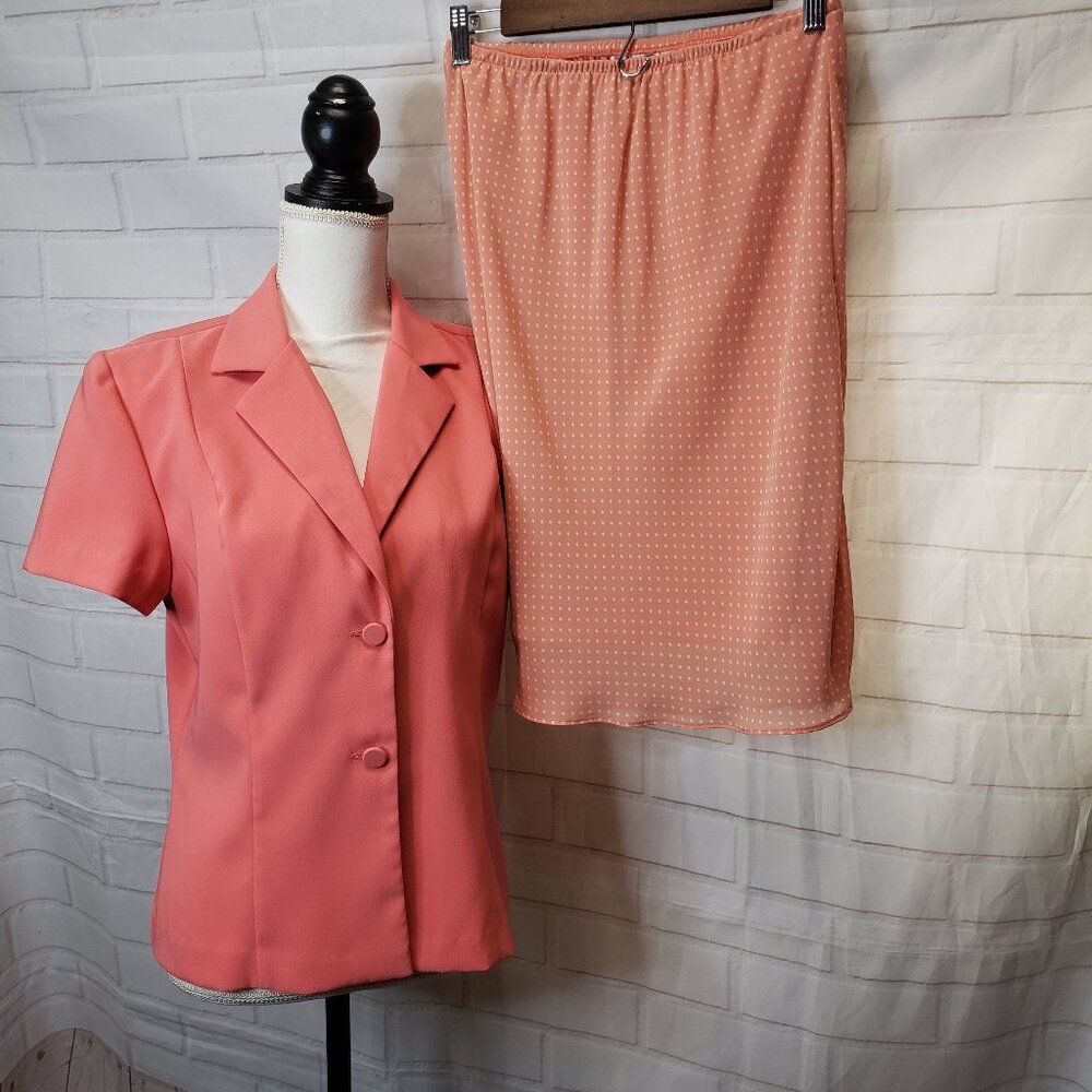 90s Vintage Giorgio Fiorelli Coral Peach Skirt Suit Set Polka Dot Skirt Sz 12